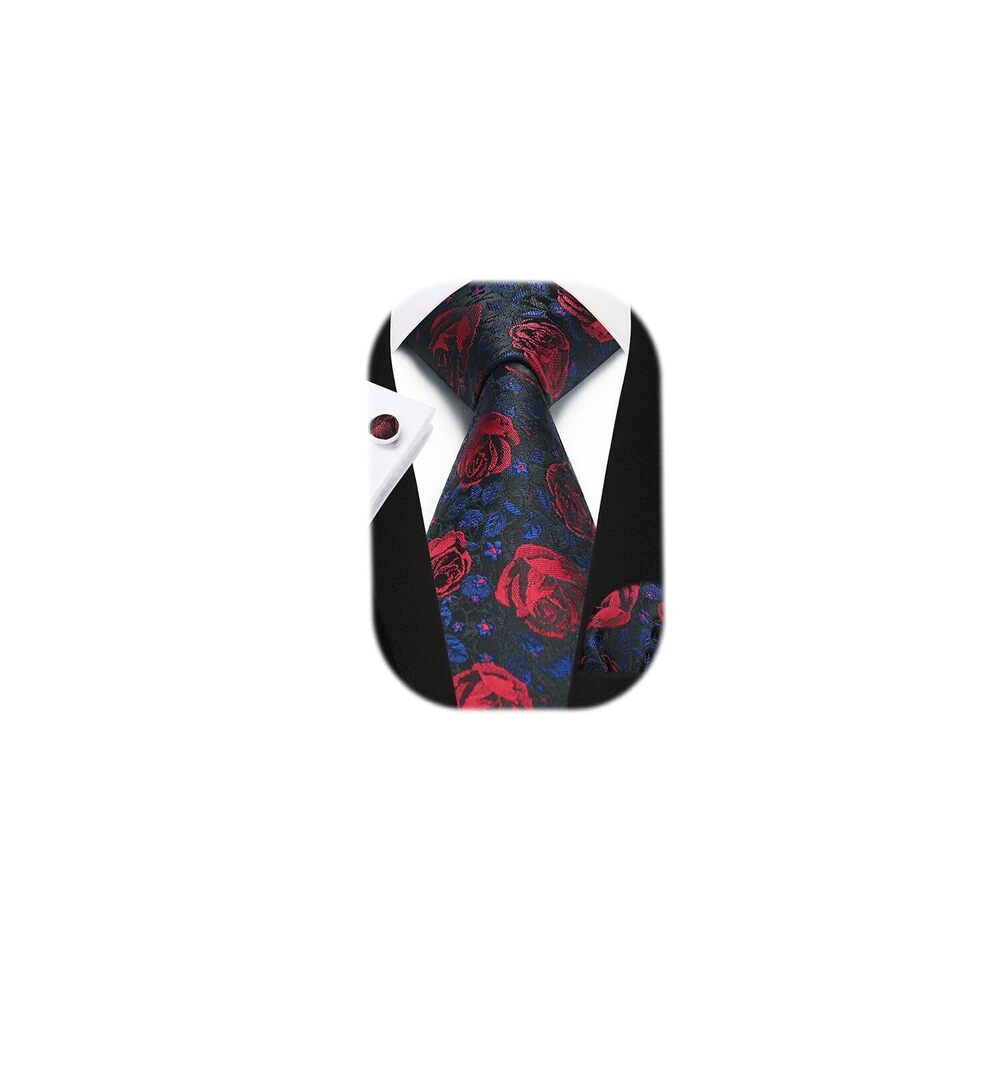 2095 Ties Black Red Tie Floral Pocket Square Cufflinks Set Burgundy Formal